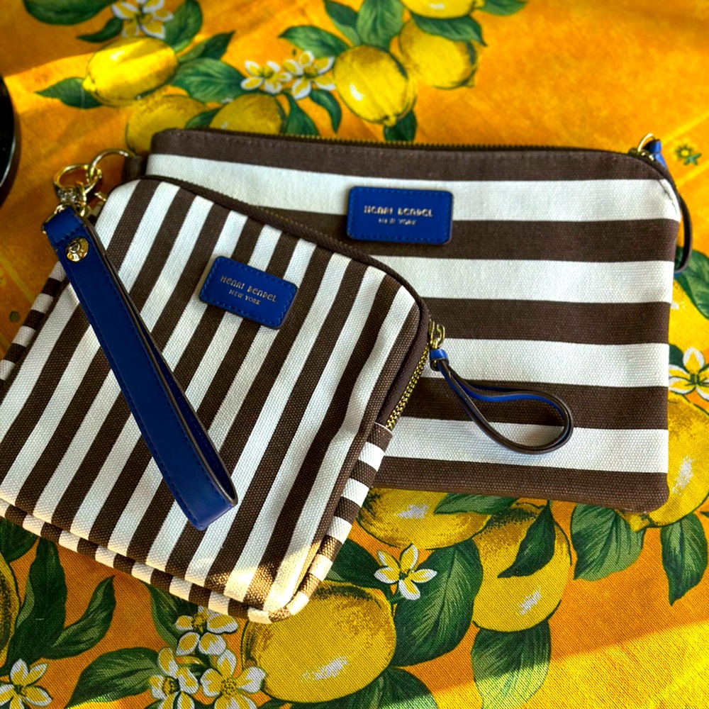 Henri Bendel Cosmetic Bag Set Centennial Stripe with Blue and a Key Chain NWOT